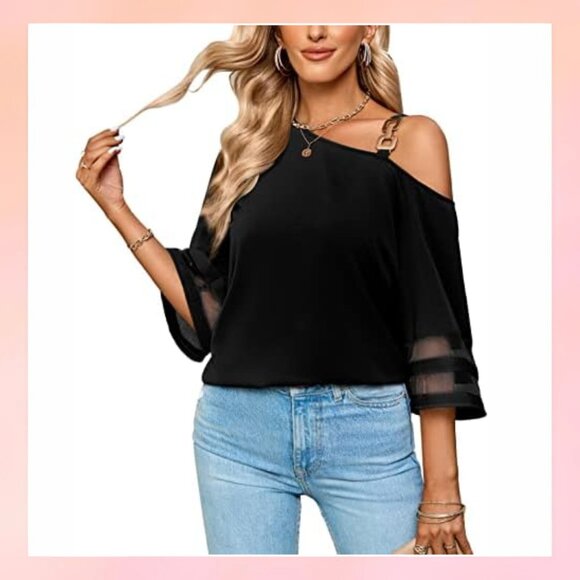 Tops - Chic Black Off-Shoulder Blouse with Sheer Sleeves & Gold Buckle Detail